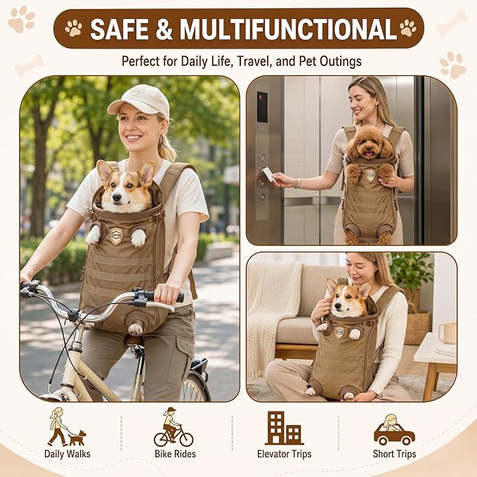Dog Carrier Tactical Backpack for Medium Large 26-40lbs, Dog Soft Hands-Free Legs Out Pet Cat Front Carrier Backpack Facing Travel Bag for Outdoor Traveling Hiking Camping Bike (Brown)