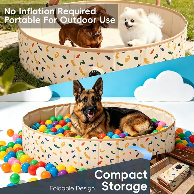 Foldable Dog Pool & Dog Ball Pit with Balls Included, Portable Multifunctional Ball Pit for Dogs & Cats, Anti-Collapse Non-Slip Pet Play Pool (Beige L+85 Balls)