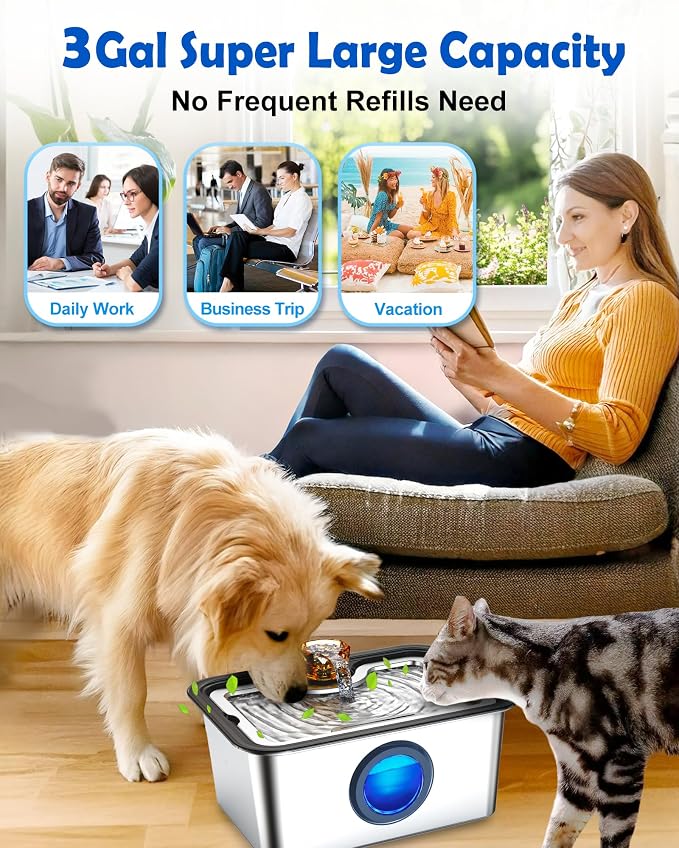 Large Dog Water Fountain SS304,12L Ultra-Purification Pet Drinking Dispenser with Visual Window,Widely Drinking Area,Deep Purification Filter,Triple Waterfall Structure,Low Water Indicator