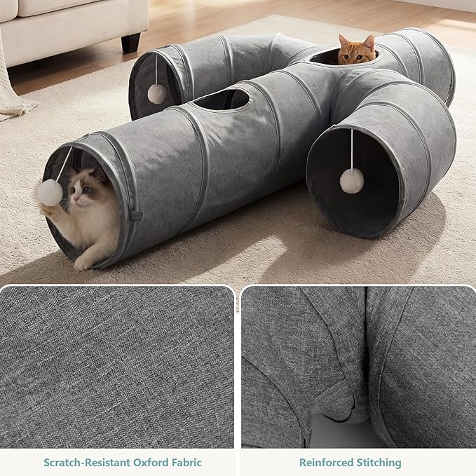 Ownpets Cactus Cat Tunnel 12" with Peek Holes for Indoor Large Cat, Grey | Durable Oxford fabric, noise-free, foldable & connectable, multi-cat friendly, tube for cats up to 20lb, includes ball & wand