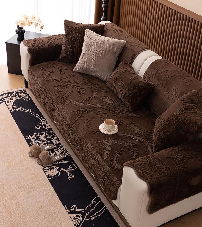 Fuzzy Rabbit Plush Sofa Cover Cozy Warm Sofa Couch Covers with 3D Jacquard Leaf Pattern Non-Slip Easy-to-Install Shaggy Sofa Slipcover Prefect for Kids Dogs Cats Cats(Caramel,36"x82")