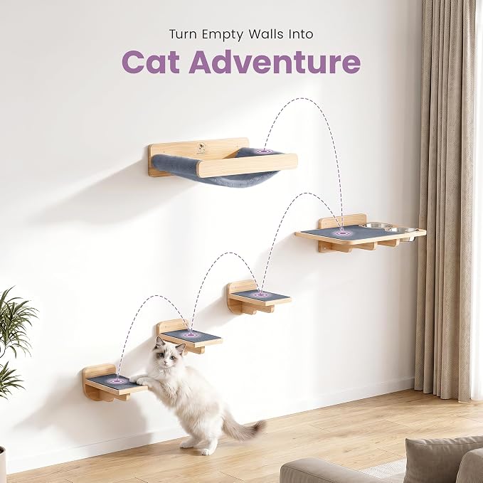 Cat Wall Shelves - Wall Mounted Cat Shelves with Feeding Station | Natural Wood Finish, Solid Pinewood, Gray Carpet, Supports Up to 33 lbs, Stainless Bowls, Dog-proof, Lounging, Climbing