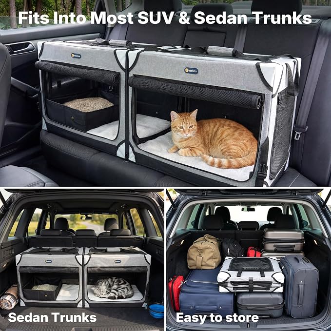 Veehoo Extra Large Cat Travel Carrier with Litter Box for 2 Cats, 48 inch Collapsible Dog Crate for Small Medium Dogs, 2 in 1 Cat Pet Puppy Kitten Foldable Car Carrier Soft Sided for Road Trip, Gray