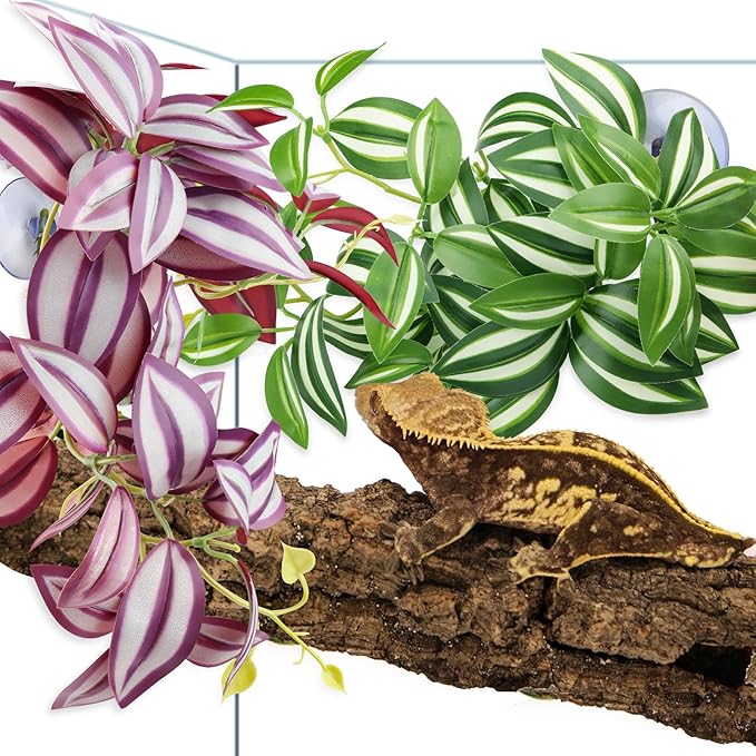 QUOZUO 2 Pack Reptile Plants, Artificial Hanging Plants with Suction Cups, Habitat Decor Plastic Vines Decorations for Bearded Dragons Lizards Snake Geckos Frogs -Purple and Green