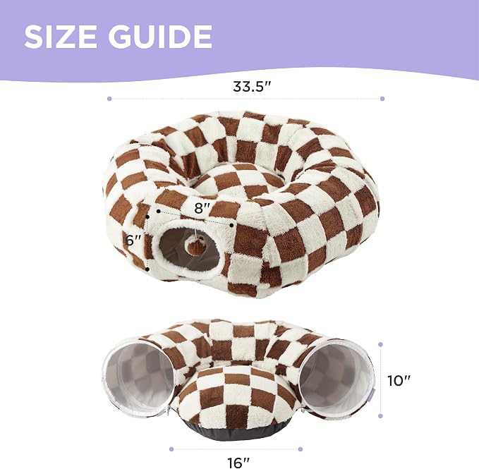 Lesure Donut Cute Jacquard Cat Tunnel Bed Kitten Toys for Puppy Bunny | 33.5x33.5x10in,Round Cat Bed Tube for Indoor Cats Rabbit Dog,Pet Peekaboo Cave Toy,Spiral Hideaway,Washable Cushion,Brown