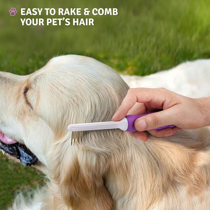 Poodle Pet Bundle - Detangling Pet Comb for Removing Matted Fur, Knots, and Tangles + Dematting Fur Rake Comb Brush for Dogs and Cats + Slicker Brush for Grooming and Deshedding Pet Undercoat Hair