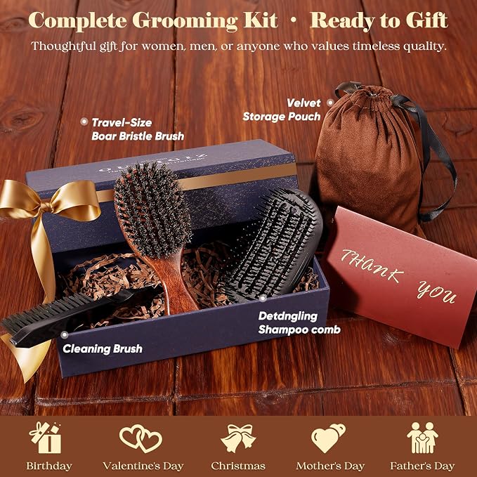 Small 100% Boar Bristle Hair Brush Since 1965 British Craftsmanship | Handmade Natural Wooden Travel Hairbrush/Beard Brush, Soft Bristles Gentle Smoothing Women Men Kids Thin Fine Hair, Portable