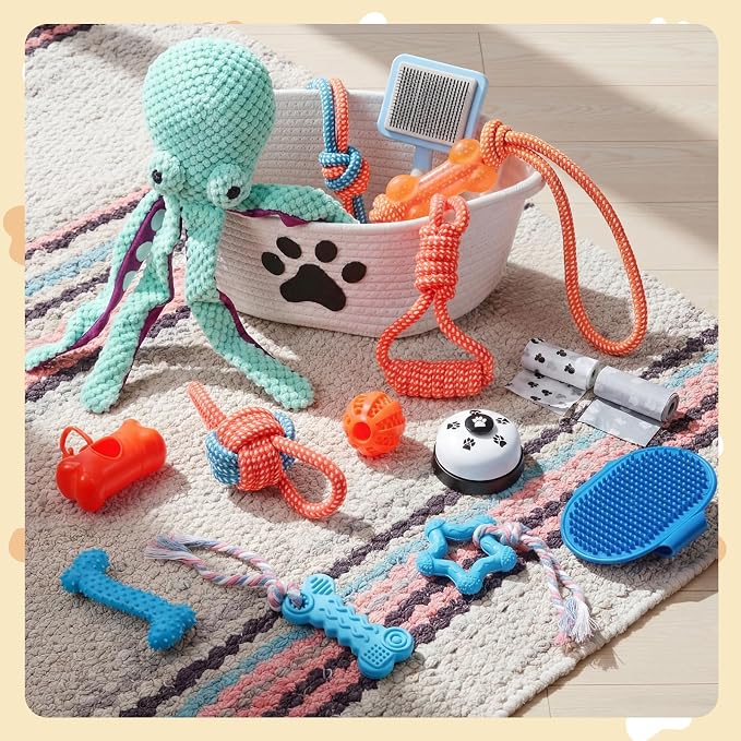 Zopeal 17 Pcs Summer Puppy Gift Set, Dog Toy & Essentials Bundle with Chew Toys, Poop Bag Dispenser, Grooming Brush, Training Bell, Blanket & Rope Basket(White,Octopus)
