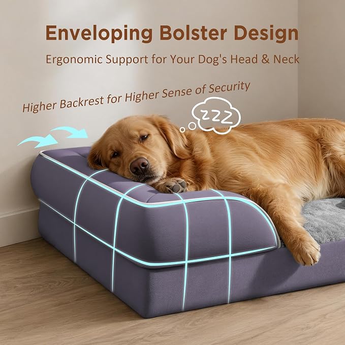 Comfort Expression Waterproof Orthopedic Dog Beds for Extra Large Dog | Supportive Egg Crate Foam Big Dog Bed with Removable Bolster, Dog Couch with Washable Cover & Non-Slip Bottom, 53x42Inch