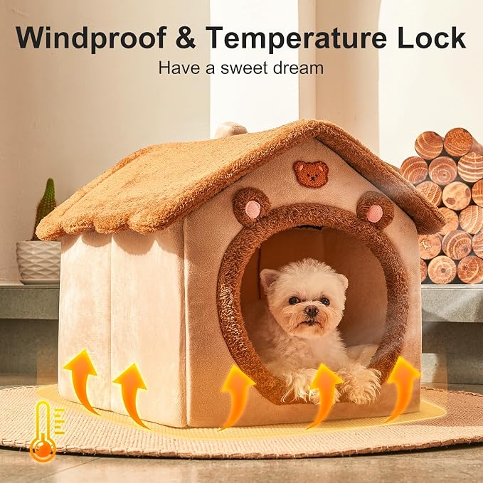 Dog House Dog Bed with Cover Cave with Non-Slip Bottom,Brown | M Size Tent Bed for 6-11 Lb Dogs and 9-17 Lb Cats,Cat Nest Puppy Cave,Dog Cave with Foldable