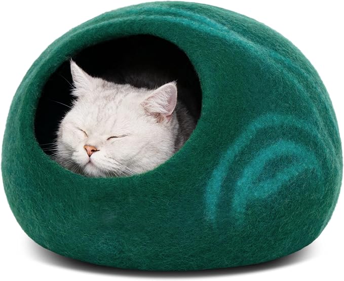 Cat Cave – Premium Felt Cat Bed Enclosure for Indoor Cats, Handmade Merino Wool (Emerald, Medium)