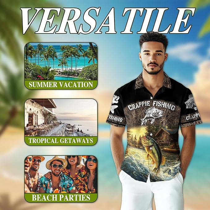 Fishing Crappie Hawaiian Shirt for Men, Button Down Summer Beach Short Sleeve, Fishing Lover Gifts, Sizes S-5XL