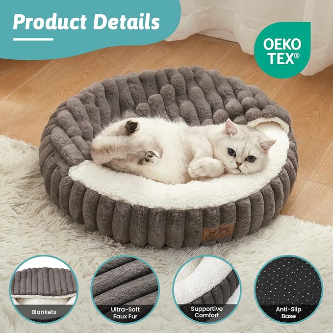 COZY KISS Hooded Blanket Cat Bed – 20"x20" Round Fluffy Donut Cuddler for Cats & Toy Dogs, Anti-Anxiety Faux Fur Pet Bed, Machine Washable with Non-Slip Bottom, Grey