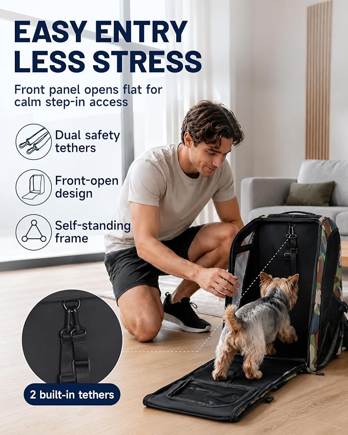 Dog Backpack Carrier with Ergonomic Support, Padded Straps and Ventilation, Hiking Pet Backpack with Safety Tethers, Reflective Trim and Waist Support, Up to 22lbs