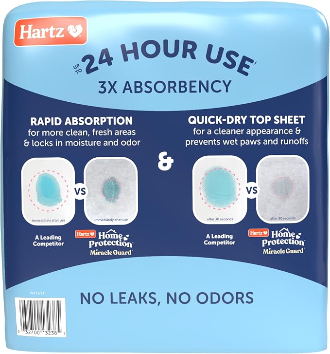 Hartz Miracle Guard Dog and Puppy Dog Pads Max Absorbency 24 Hour Use Odor Eliminating No Leaks, X-Large Size 30 Count