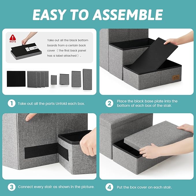 Dog Stairs with Storage, 4-Step Wider Sturdy Dog Steps for Small/Medium/Large Dogs and Older Cats, Folding Doggie Ramp for Bed/Couch/Car Hold Up to 180 lbs (22" H, Grey)