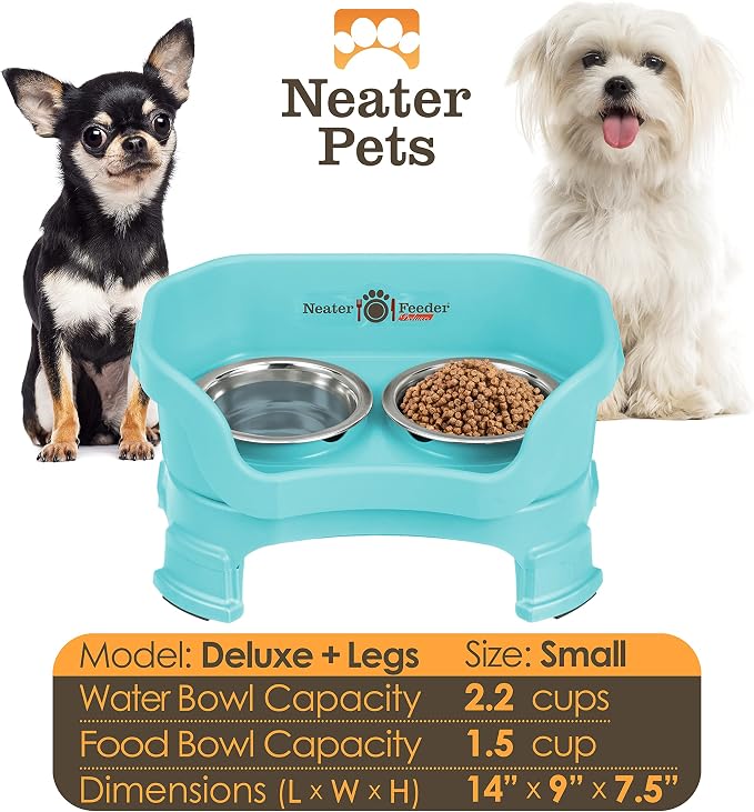 Neater Feeder Deluxe Mess-Proof Elevated Dog Bowls for Small Dogs (Up to 19 lbs), 2 Height Adjustable (6” & 7.5”) No-Spill Raised Dog Bowl Stand, Stainless Steel Food Bowl Set, Made in USA, Aquamarine