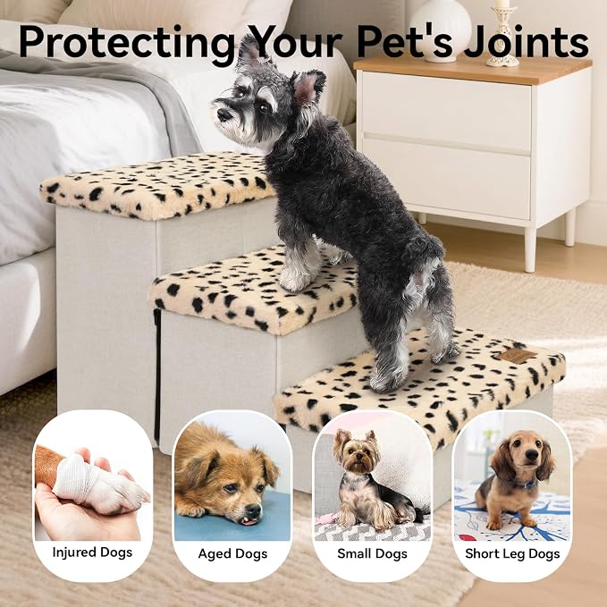 Zerbuger Dog Stairs with Storage, Beige Leopard 3 Steps Dog Ramp no Condo | 18" H Wider Dog Steps for High Beds Couch, Folding Storage Pet Stairs Gift for Climbing Small/Medium/Large Old Dogs Cats