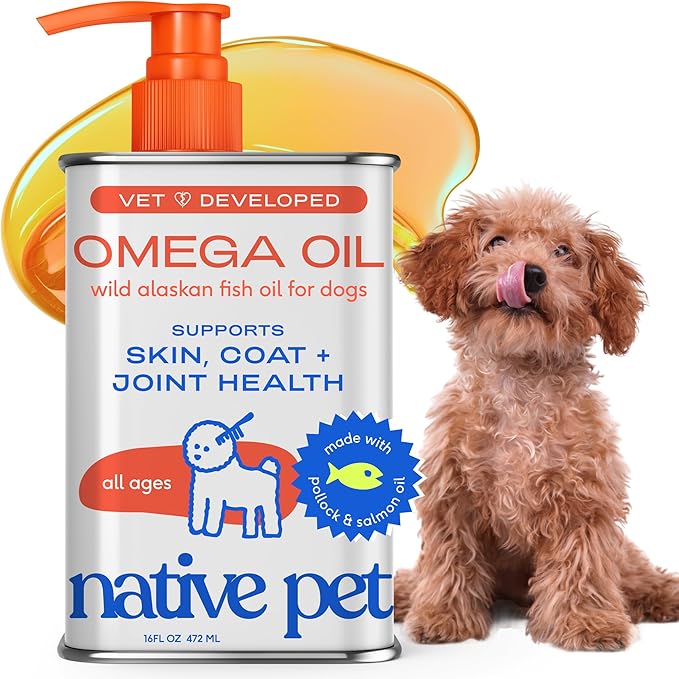 Native Pet Omega 3 Fish Oil for Dogs & Cats – Wild Alaskan Salmon Oil for Dogs Skin and Coat, Supports Joints, Heart & Shedding – Fast-Absorbing Omega 3 6 9 Liquid Supplement – 16oz