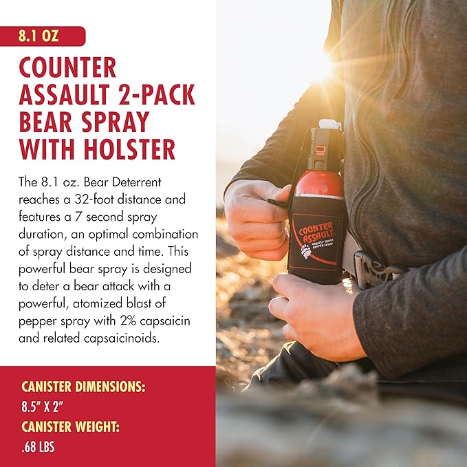 Counter Assault Bear Spray - Bears, Mountain Lions, Coyotes - Long-Range 32ft Distance - Pepper Spray Safety Gear for Hiking & Camping Protection - 2% Capsaicin - 8.1 oz
