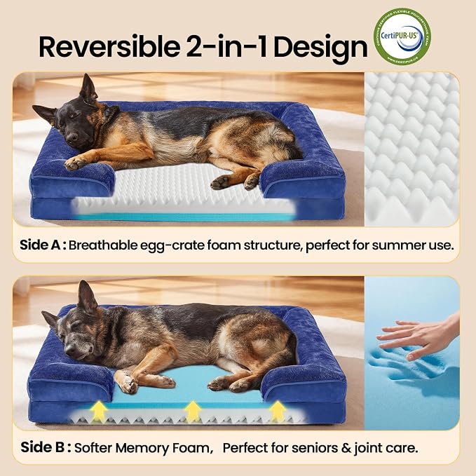 OhGeni Orthopedic Extra Large Dog Bed Couch, Memory Foam, 44-inch (Blue) | Waterproof Pet Bed with Machine-Washable Removable Cover & Soft Comfortable Fabric