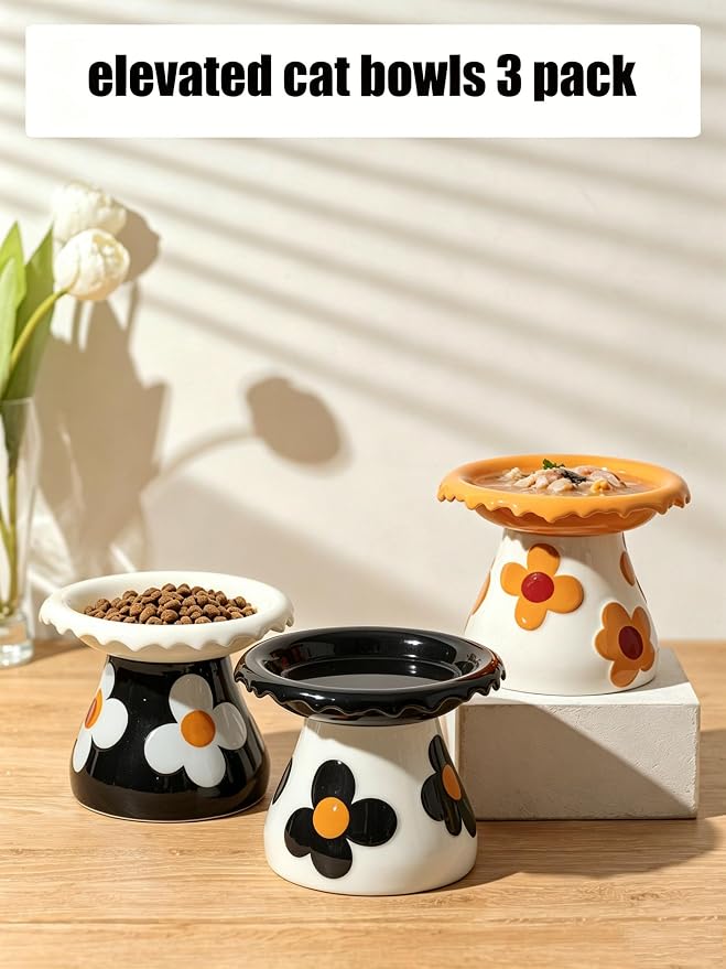 Mushroom Elevated Cat Bowls Ceramic, Cute Cat Bowls Whisker Fatigue | Raised Cat Bowl for Indoor Cats, Raised Dog Bowls Stand for Food and Water, Black 5.8" Wide for Adult Cats