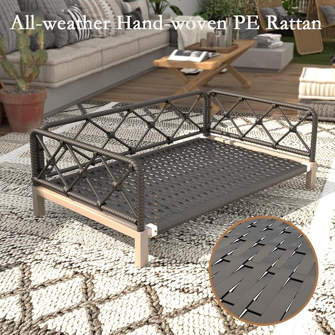 Dog Couch, 2-in-1 Dog Sofa Bed with Woven Rattan Black Wicker Frame, Indoor/Outdoor Durable Pet Sofa with Removable Plush White Cushion for Kitty, Puppy, Small Animal
