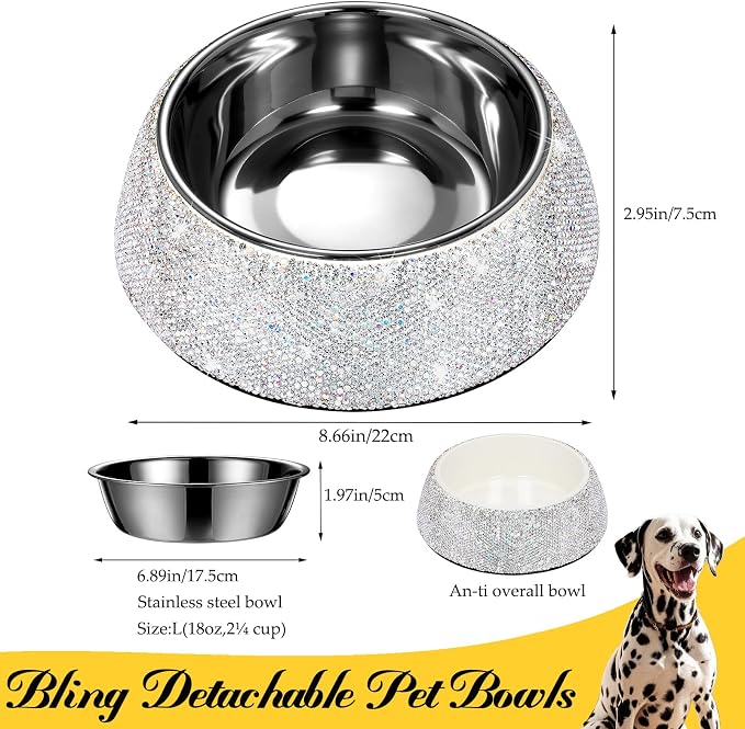 SlowVibes Bling Stainless Steel Dog Cat Bowl, Detachable, 18 oz | Rhinestone metal food or water bowl for medium large dogs and cats, rust-resistant non-slip puppy dish, sparkle pet essential