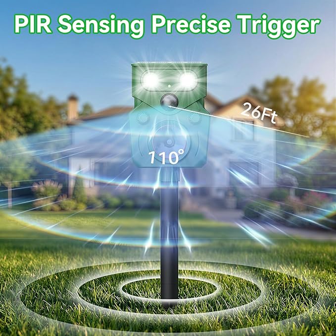 Ultrasonic Animal Repeller Solar Powered Squirrel Repeller Motion Sensor Deer Deterrent Rabbit Cat Dog Control Device with 5 Modes and Flashing Lights Outdoor Yard Lawn Orchard Garden