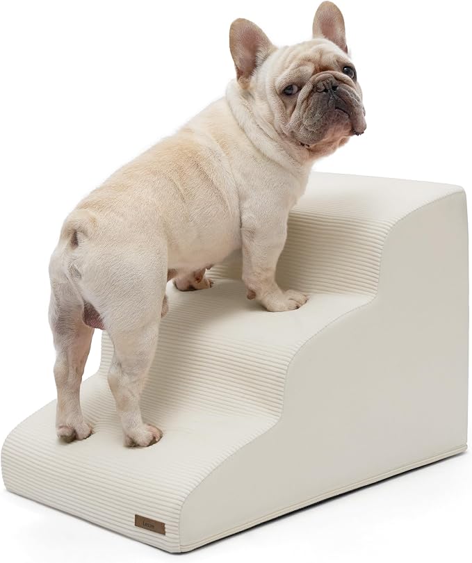 Lesure Dog Pet Stairs for Small Dogs and Cats, Beige, 3 Steps | Pet Steps Ramp for Bed and Couch, 33D CertiPUR-US Certified Foam, Indoor and Car Use, Non-Slip Bottom, Removable Cover