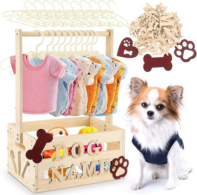 Teenyyou 20 x 13 x 9 Wooden Dog Closet Pet Wardrobe Crate Box with Hanging Rods and Personalized Alphabet Letters Easy Assembly Baskets for Dog Cat Toys Clothes Accessories(Wood)