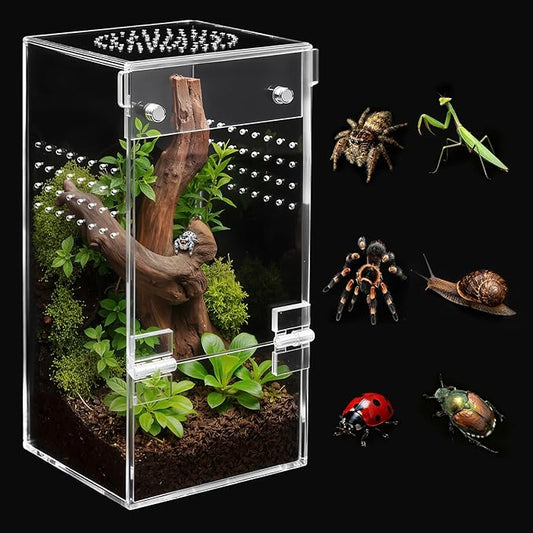 AZV Jumping Spider Enclosure Escape Proof Praying Mantis Habitat Arboreal Tarantula Terrarium with Magnetic Opening Door Baby Spider House Fully Transparent Acrylic Reptile Tank Insect Cage Bug Cribs