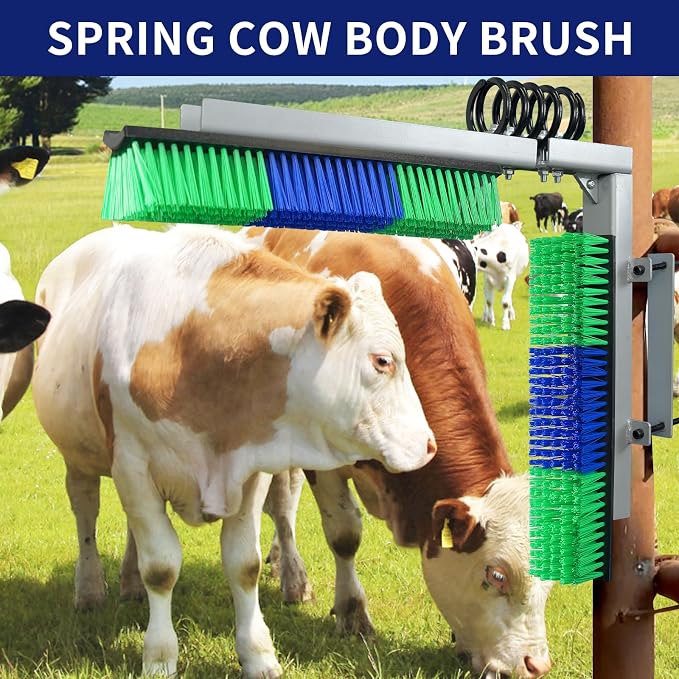Livestock Scratch Brush With Spring Iron Holder，Animal Back Scratching Brush Including 4pcs goat brushes, 4 stands and accessories For Cow,Cattle,Sheep, Horses,Pigs，Massage Grooming Tool（Green）