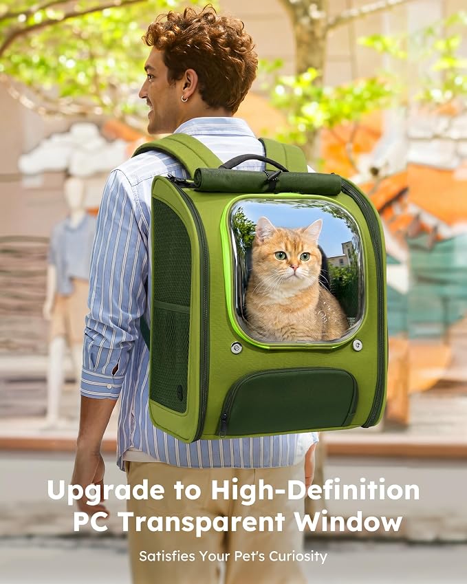 Pecute Cat Backpack Carrier,Large Space Cat Bubble Backpack,Ergonomic,Green | Upgraded Transparent Window Offers Greater Transparency,More Wear-Resistant,Sunshade curtain,Folding bowl,Ventilated