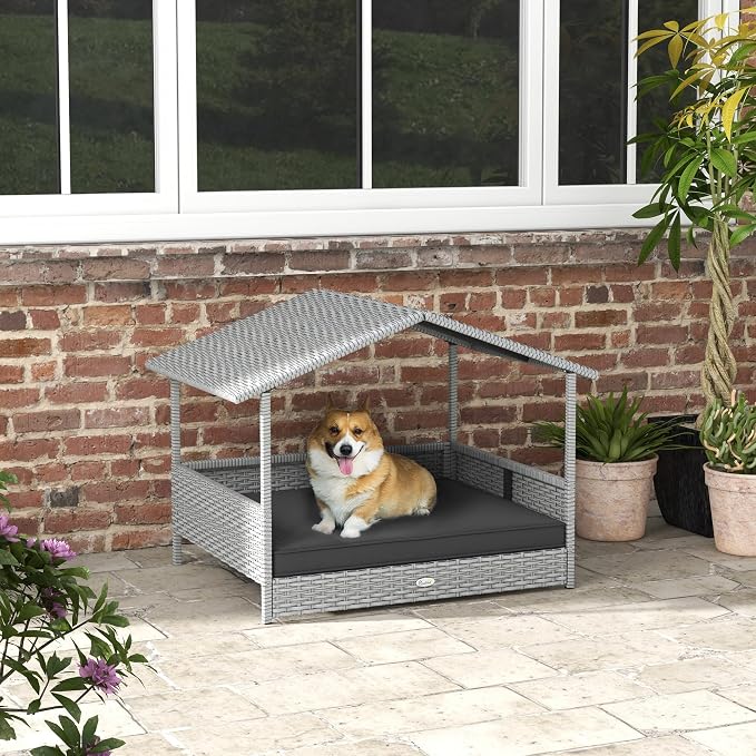 PawHut Wicker Dog House Outdoor, Silver Wicker, Gray Cushion | Rattan Dog Bed, Canopy, Water-resistant Cushion, Raised Pet Bed for Small, Medium Breeds up to 66 lbs, 20" in Length