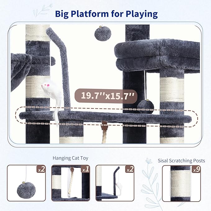 Gitelsnour Cat Tree, Cat Tower for Large Cats with 2 Big Platforms, 2 Baskets, condo and Toys, 63" Cat Scratching Posts for Indoor Cats, Smoky Gray GCT020G