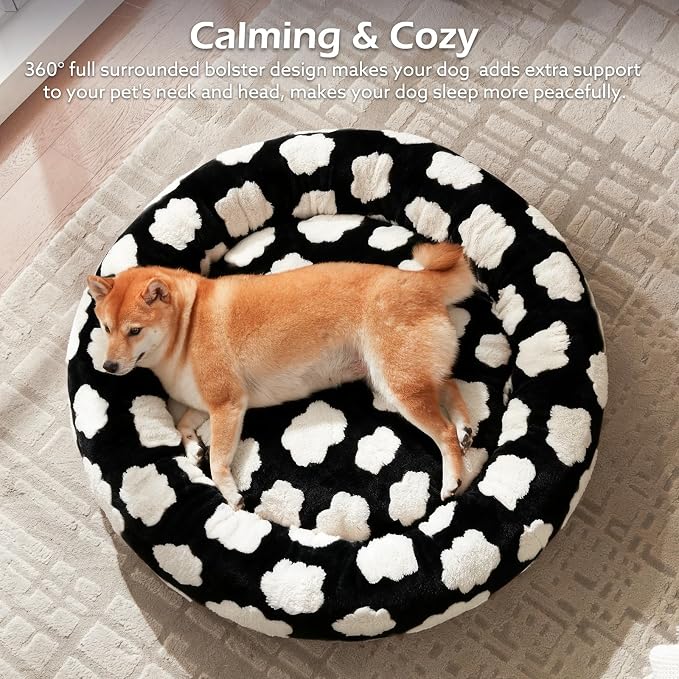 JOEJOY Jacquard Donut Round Small Dog Beds,Black 23x23x7in, Removable Washable Cover, Cute Pattern, Ultra Soft Fluffy Calming Pet Bed with Thick Supportive Bolster