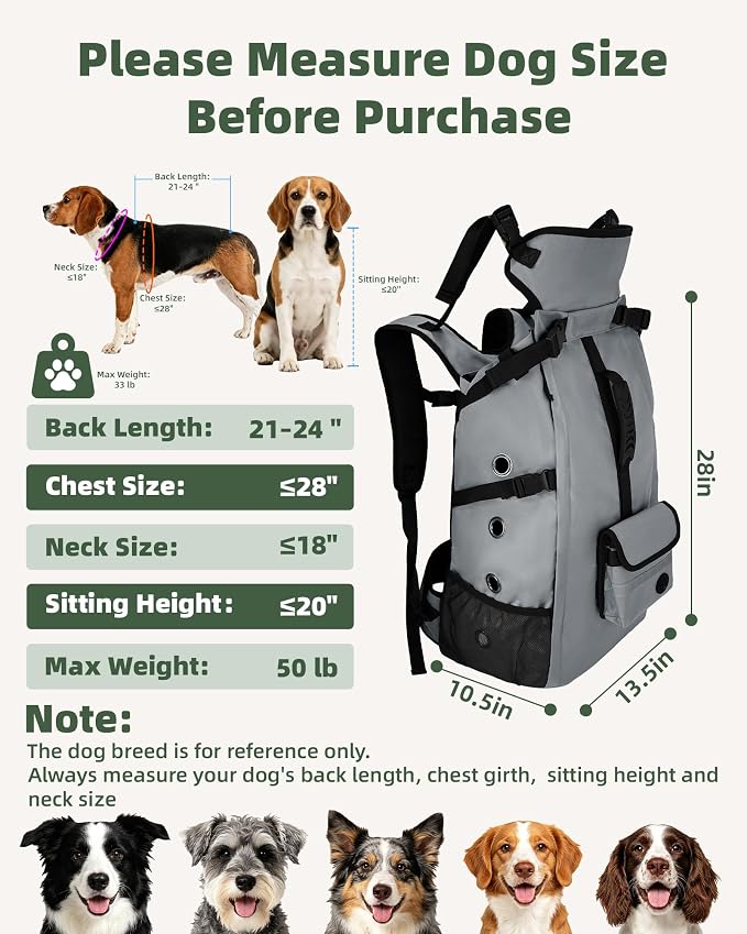 Breathable Dog Hiking Backpack Carrier for Large Dogs, Grey | 4-Layer Protection, Adjustable Dog Backpack with Storage Pockets, Reflective Strips, 3D Ergonomic Support, Under 50 lb