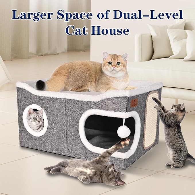 Extra Large Cat Beds for Indoor Cats, Covered Cat Cave Beds & Furniture with Scratch Pad and Fluffy Ball, Foldable Cat Condo Hideaway with Reversible Cushion for Multi Small Pet Large Kittens, Grey