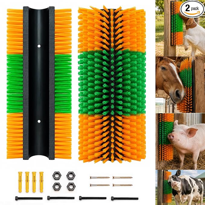 Livestock Scratching Brush 2 Pack for Itchy Coats, Goat and Horse Scratcher for Cows, Horses, Goats, Pigs and Donkeys, Mounts on Posts, Fences, Stalls and Tree Stumps