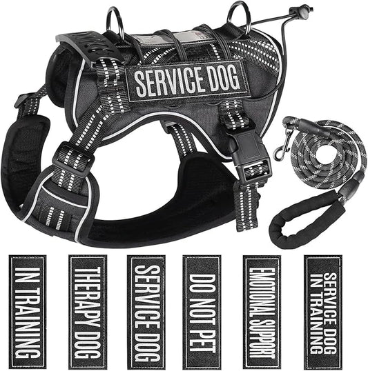Service Dog Tactical Vest Harness and Leash Set Medium Sized Dog Emotional Support- Tactical Dog Harness Training Collar with Name (Black, M)