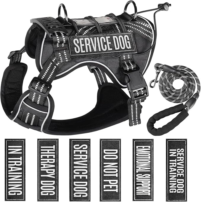 Service Dog Tactical Vest Harness and Leash Set Small Sized Dog Emotional Support- Tactical Dog Harness Training Collar with Name (Black, S)