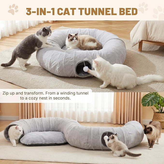Extra Large Cat Tunnel, 47.2in Multi-Cat Family Big Cat Tunnel for Cats | Long Cat Tunnel Bed with Washable Plush Mat, XXL Pet Play Tunnel Toy for Cats, Puppy, Rabbits Grey