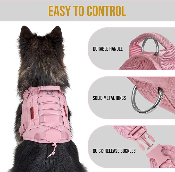 OneTigris Tactical Dog Harness Vest,No-Pull Service Dog Vest with Hook & Loop Panels,Adjustable Dog Vest Harness for Walking Hiking Training(Pink,XXS)