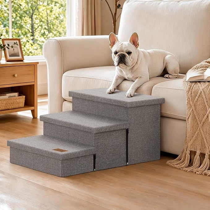 Zerbuger Dog Stairs with Storage, Small Grey 3 Steps Dog Ramp no Condo | 18" H Wider Dog Steps for High Beds Couch, Folding Storage Pet Stairs Gift for Climbing Small/Medium/Large Old Dogs Cats