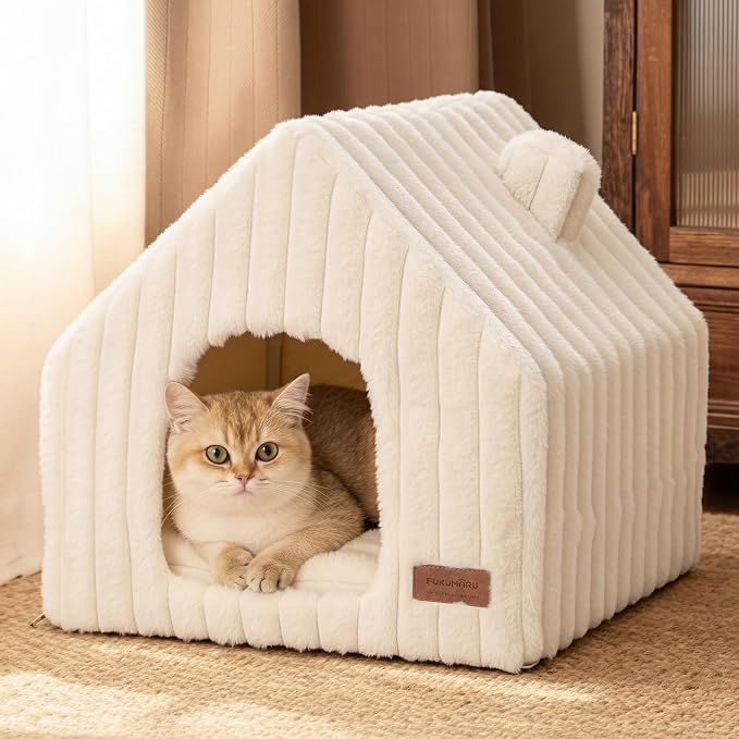 FUKUMARU Cat Bed Cave, Enclosed Washable Covered Dog Bed with Support Frame | Large Cat House for Indoor Cats, Cozy Cat Hideaway for Anxious Cats, Soft Plush Faux Fur Cat Tent Bed, Non-Slip Bottom, Cream