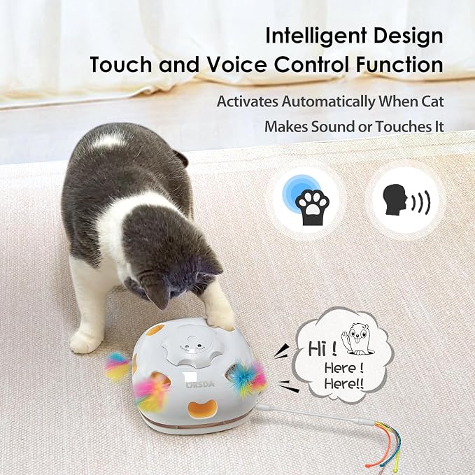 ORSDA Cat Toys, 4 in 1 Interactive Cat Toys for Indoor Kitten, Automatic Electric Enrichment Hide and Seek, Chase the Feather, 8 Holes Mice Whack-A-Mole, Catch Magic Wand
