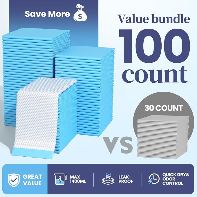 SCLOSE XL Dog Pee Pads 100 Count, 34"x28" Disposable Puppy Training Pads | Leak-Proof Quick-Dry Super Absorbent Odor Control – Ideal as Crate Mat Liner, for Senior Dogs, Post-Surgery, Indoor & Travel