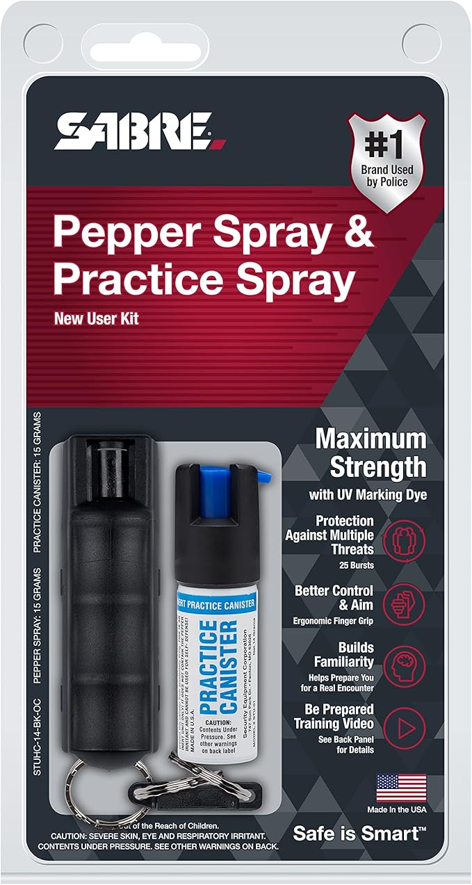 Sabre Pepper Spray - Quick Release Keychain for Easy Carry & Fast Access, Max Police Strength Self Defense OC Spray with UV Dye, 10 Sec. Spray Time, Finger Grip - Faster Aim, 0.54 fl oz,Secure Safety