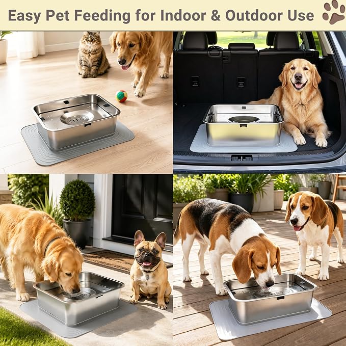 12L/3.17Gal No Spill Dog Water Bowl, Non-Slip Mat for Large Dogs | Spill Proof Water Bowl with 304 Stainless Steel Floating Disk, Slow Drinking Pet Bowl for Messy Drinkers, Indoor/Outdoor